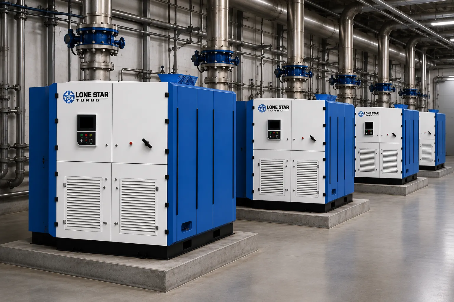 Two Lone Star Turbo industrial generators in a mechanical room, with blue panels and overhead stainless pipes.