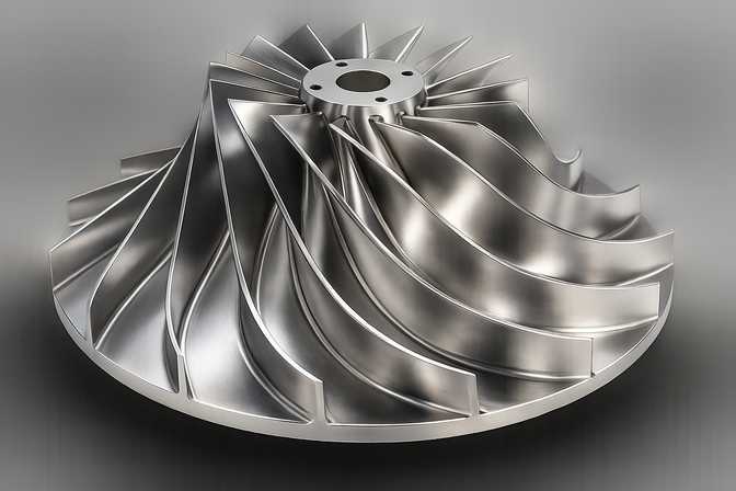 Metal turbine impeller with curved blades radiating from a central hub on a reflective surface.