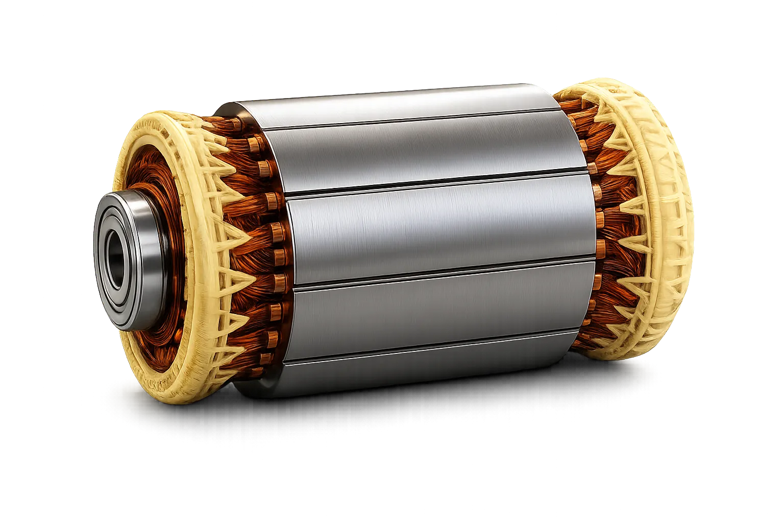 Rotor of an electric motor showing copper windings and laminated steel core with beige end rings