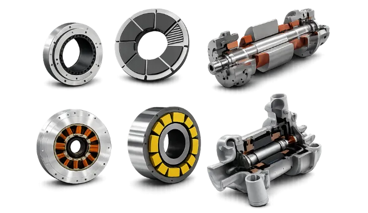Assortment of industrial machine parts, including bearings, seals, rotors, stators, and a cutaway gearbox designs on a black background.
